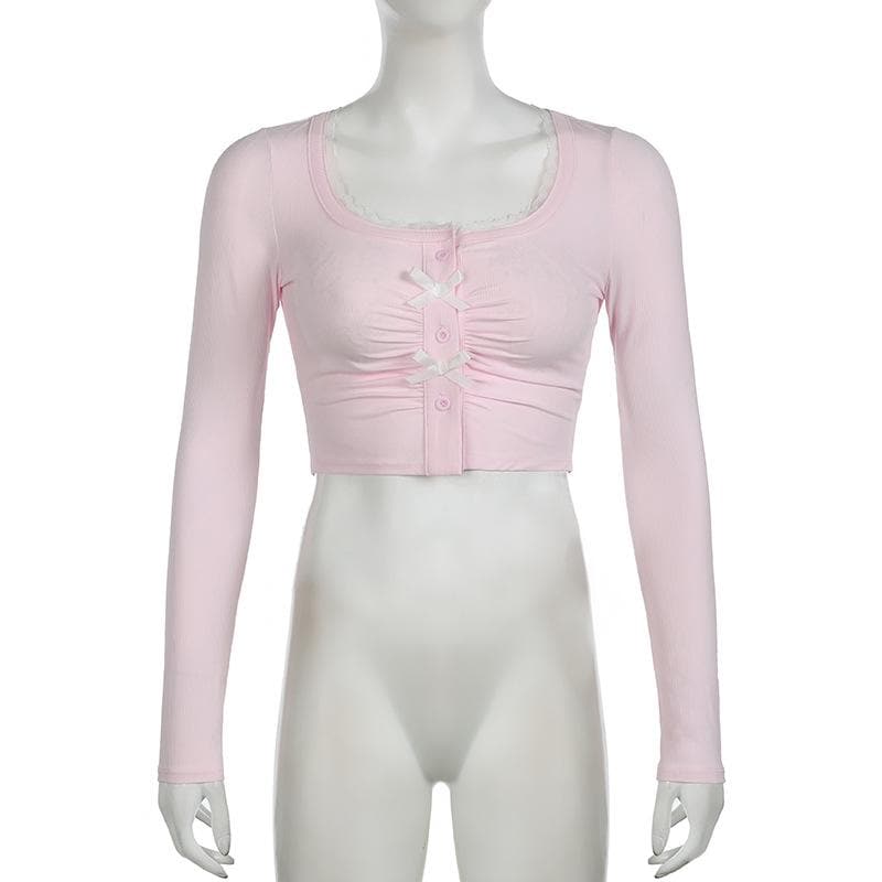 Long sleeve bowknot button crop top