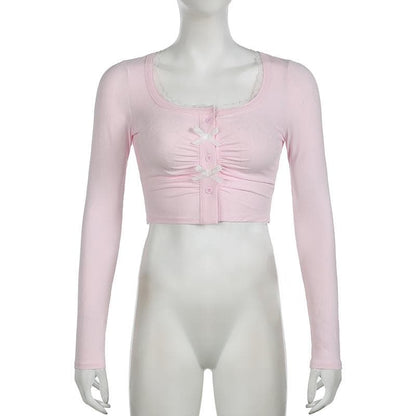 Long sleeve bowknot button crop top