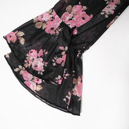 Long flared sleeve cowl neck ruffle flower print sheer mesh mini dress