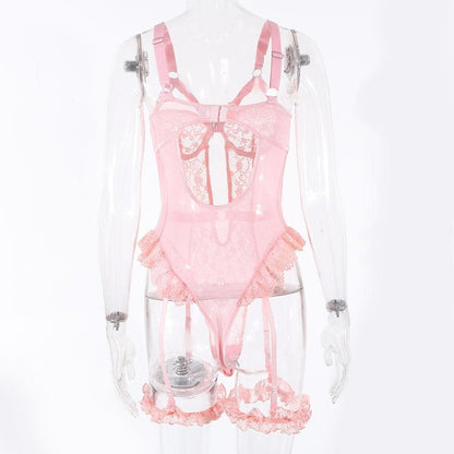 O ring lace garter hollow out bodysuit