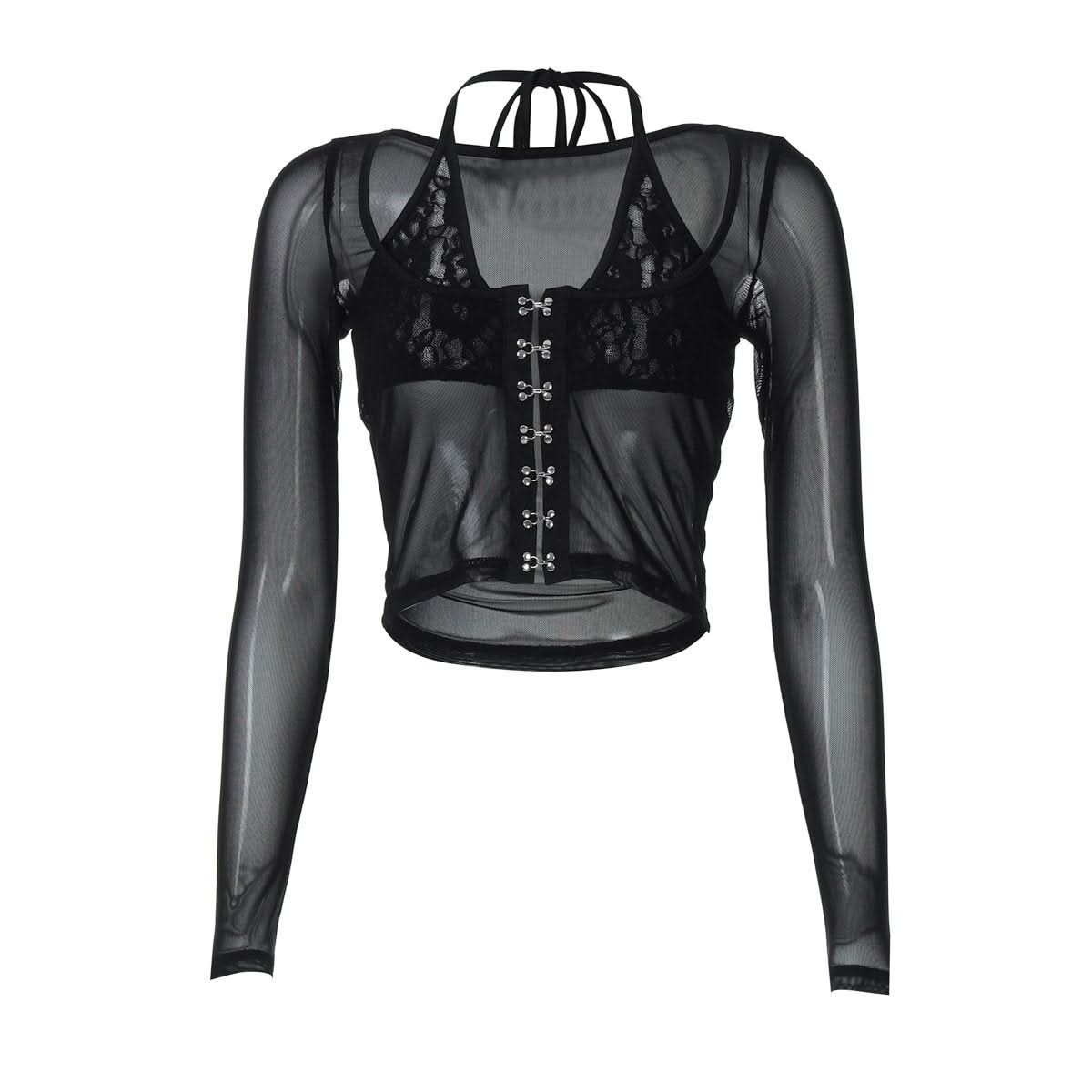 Halter long sleeve mesh lace hem button top