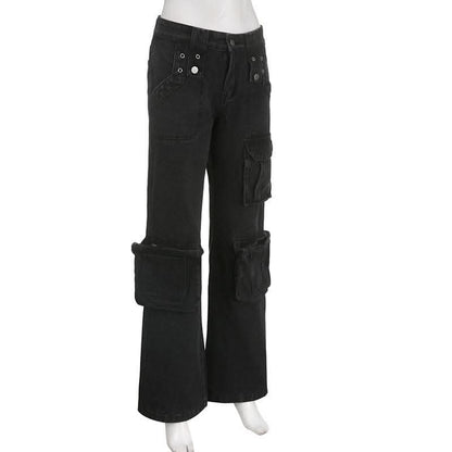 Solid irregular cargo pocket low rise zip-up jeans-final-sale