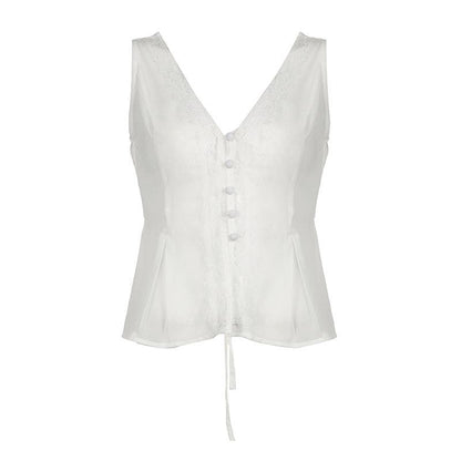 V neck button lace hem solid tank top