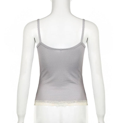 Lace hem polka dot rose applique cami top