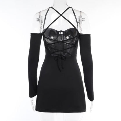 Lace up solid cross back off shoulder long sleeve mini dress