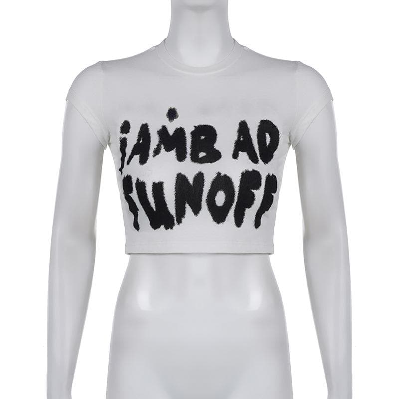 Cap sleeve crewneck "iAM BAD FUN OFF" pattern crop top