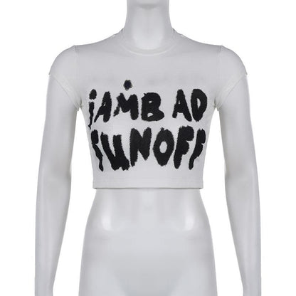 Cap sleeve crewneck "iAM BAD FUN OFF" pattern crop top
