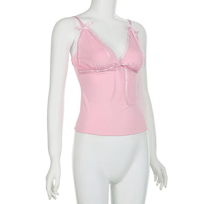 Ribbon bowknot lace hem v neck cami top