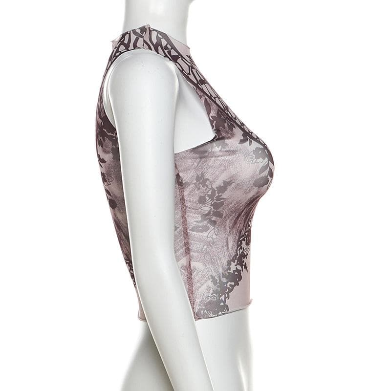 Sleeveless high neck print sheer mesh top