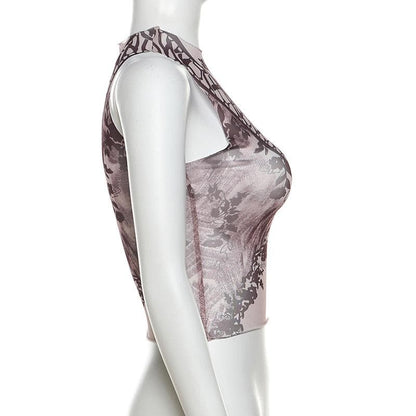 Sleeveless high neck print sheer mesh top