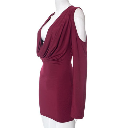 Long flared sleeve off shoulder cowl neck ruched solid mini dress