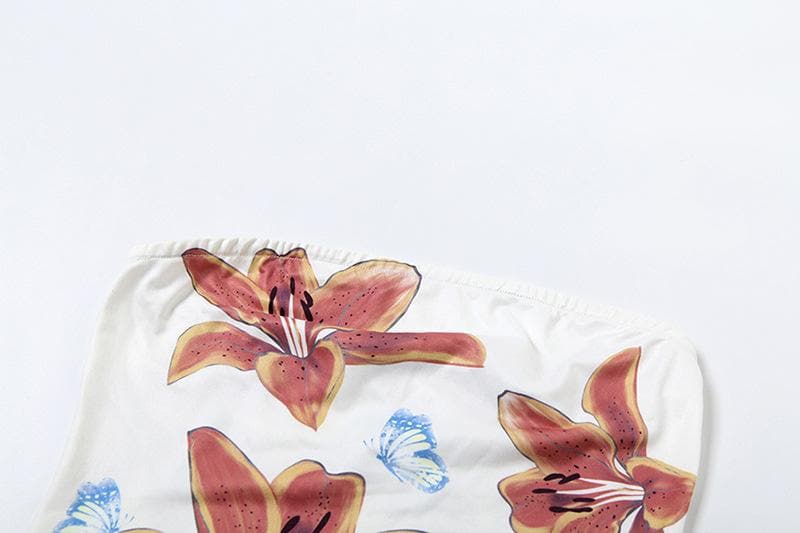 Flower butterfly print backless tube top