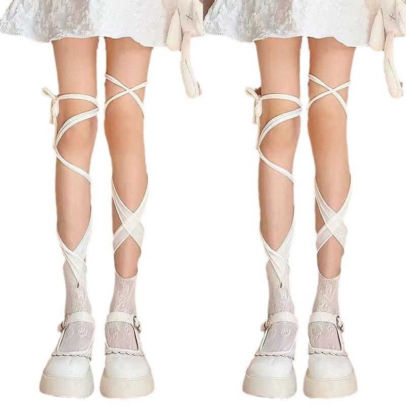 Self tie irregular lace thigh high socks