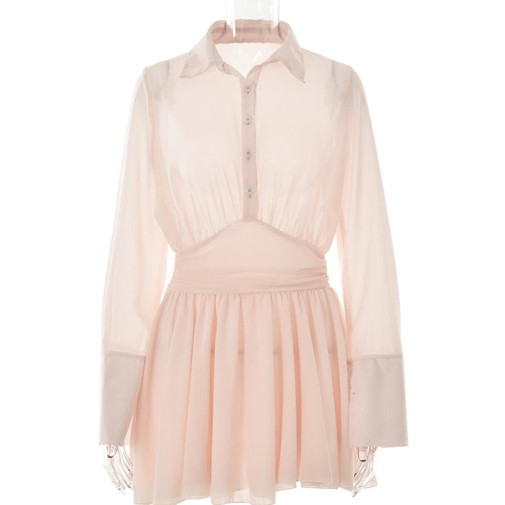 Spread Collar Deep V Ruched Waist Ruffled Cuff Mini Dress