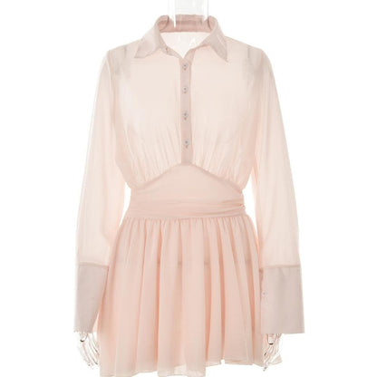 Spread Collar Deep V Ruched Waist Ruffled Cuff Mini Dress