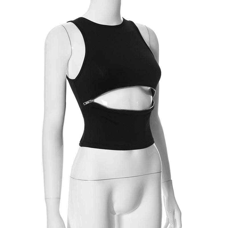Crewneck zip-up hollow out solid tank cut out top