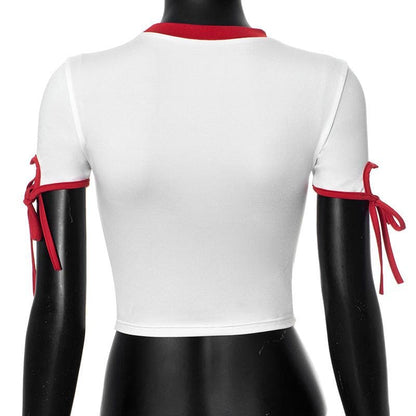 Short sleeve "55" pattern self tie crop top