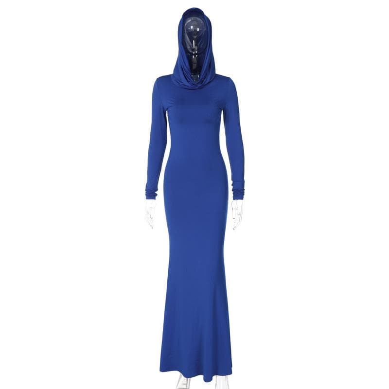 Hooded Cowl Neck Long Sleeve Bodycon Floor-Length Maxi Dress