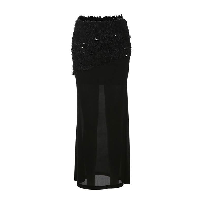 Glitter mesh patchwork fluffy maxi skirt