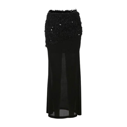 Glitter mesh patchwork fluffy maxi skirt