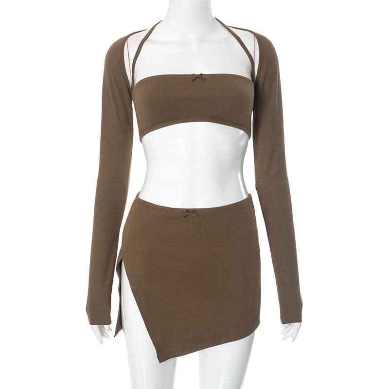 Long sleeve slit bowknot halter shrug mini skirt set