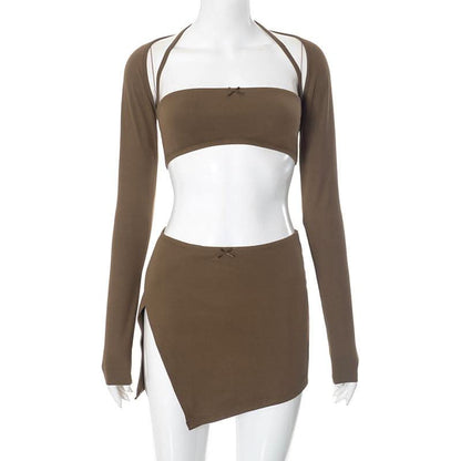 Long sleeve slit bowknot halter shrug mini skirt set