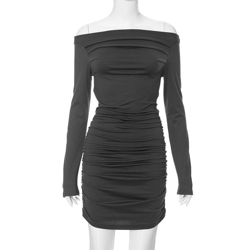 Asymmetric Off Shoulder Long Sleeve Ruched Bodycon Mini Dress
