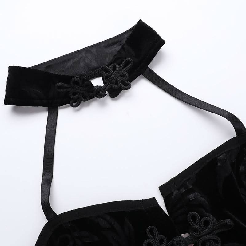 Halter button hollow out backless print cut out top