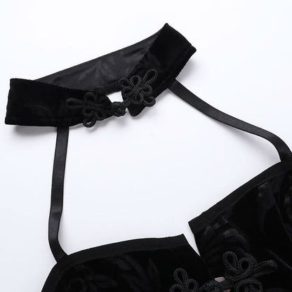 Halter button hollow out backless print cut out top