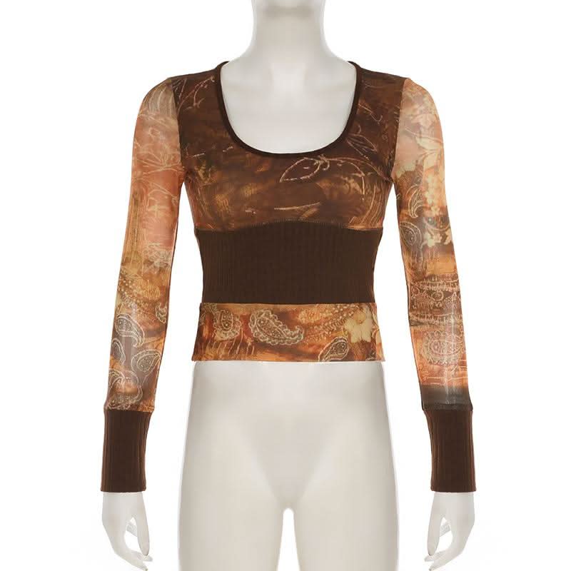 U neck long sleeve knitted mesh patchwork abstract top