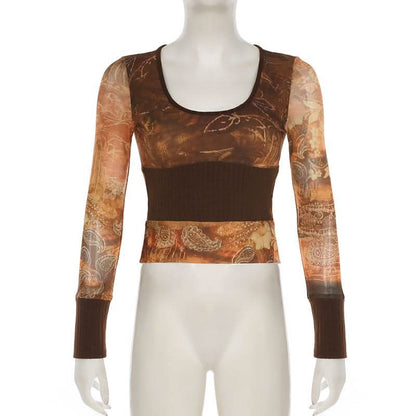 U neck long sleeve knitted mesh patchwork abstract top
