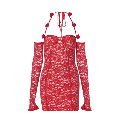 Halter long sleeve off shoulder lace mini dress