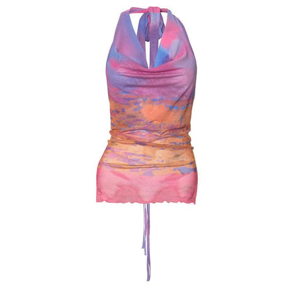 Halter cowl neck gradient print self tie top