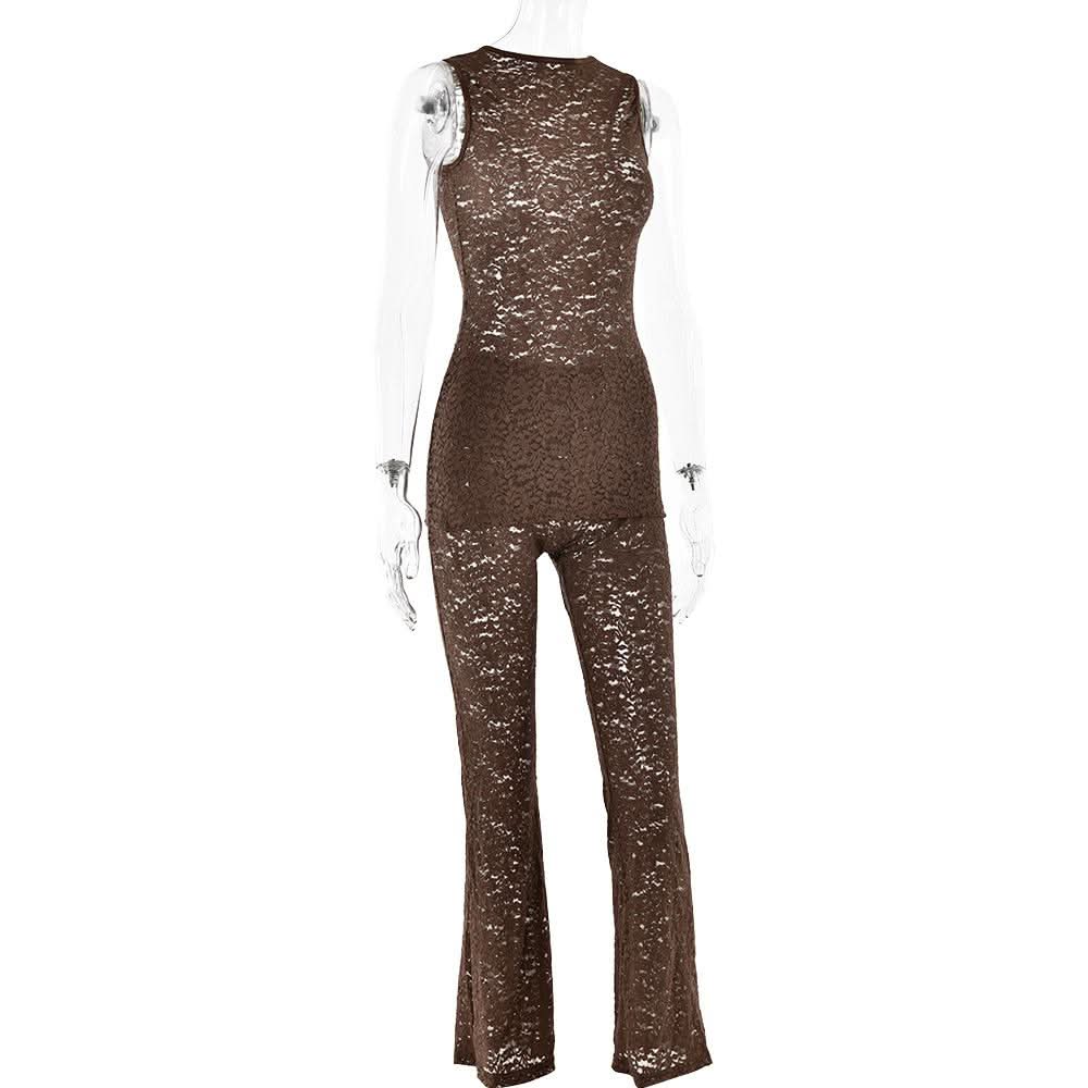 Crewneck lace sleeveless solid medium rise pant set