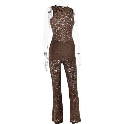 Crewneck lace sleeveless solid medium rise pant set