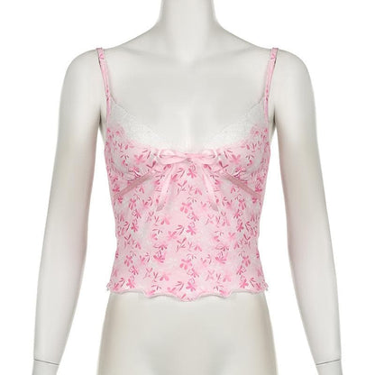 V neck bowknot lace hem ruffle print cami top