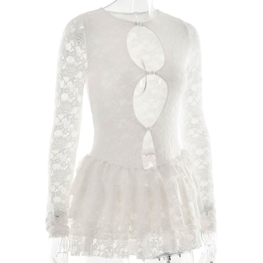 Long sleeve lace hollow out ruffle cut out mini dress