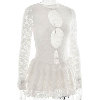 Long sleeve lace hollow out ruffle cut out mini dress