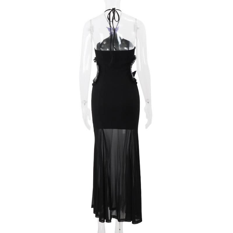 Halter butterfly applique hollow out mesh cut out maxi dress
