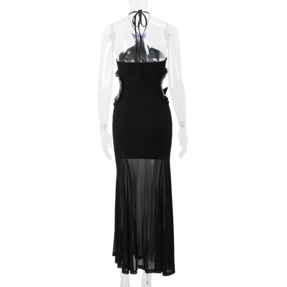 Halter butterfly applique hollow out mesh cut out maxi dress