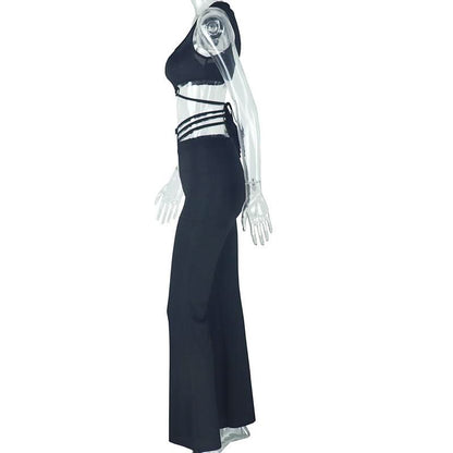 Zip-up self tie ribbed square neck solid pant set