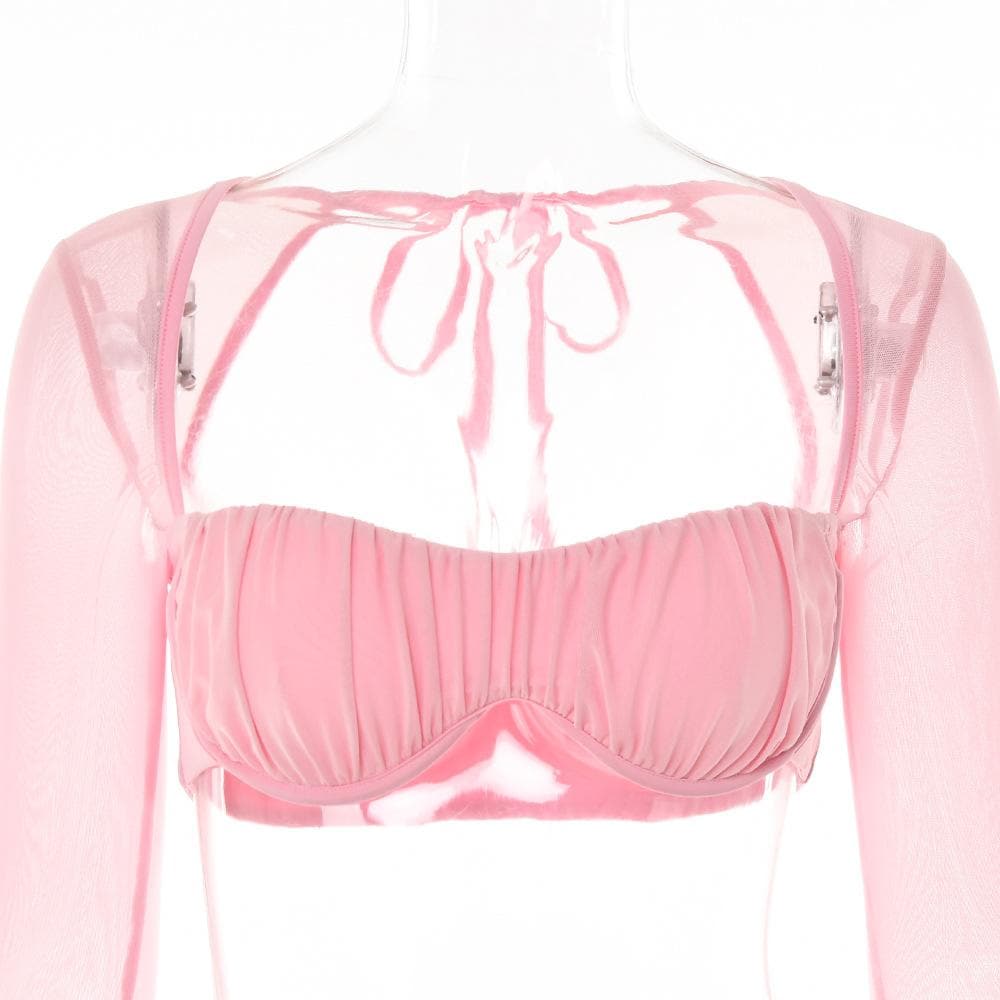 Mesh hollow out solid ruffle long sleeve ruched mini skirt set
