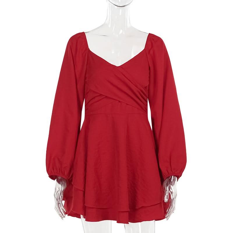 V neck long sleeve ruched solid mini dress