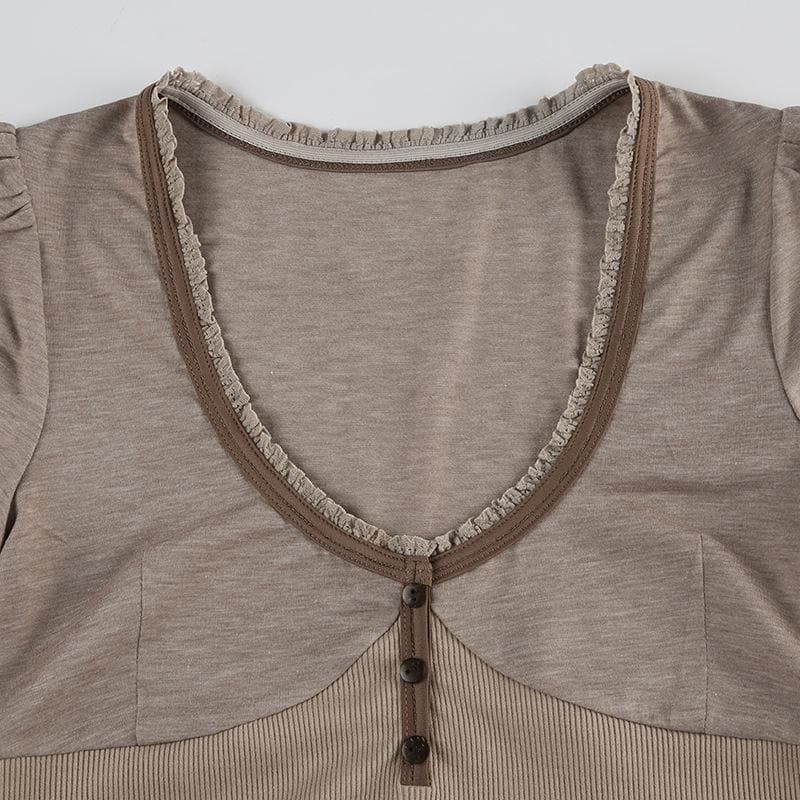 Short puff sleeve button stitch ruffle ribbed top