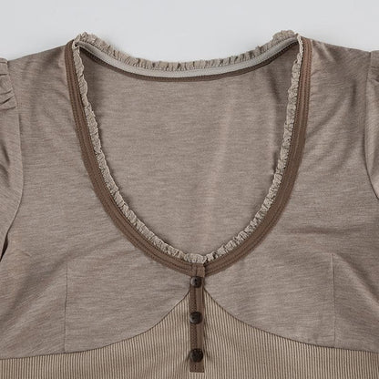 Short puff sleeve button stitch ruffle ribbed top