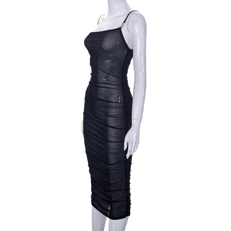 Sheer mesh see through one shoulder ruched irregular midi dress
