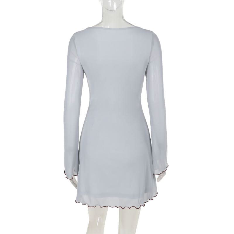 Long sleeve mesh flower print ruffle mini dress