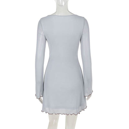 Long sleeve mesh flower print ruffle mini dress