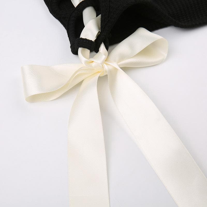 Bowknot long sleeve hollow out lace up contrast cut out top