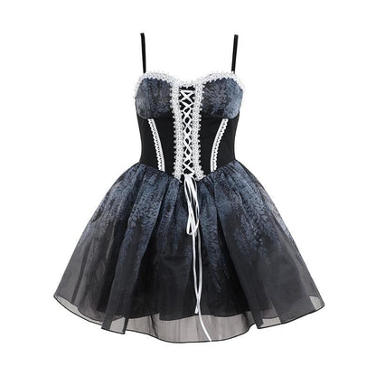 Lace hem sweetheart neck lace up print ruched cami mini dress